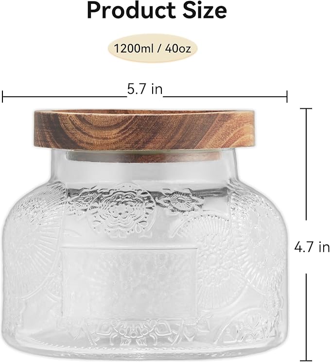 40 Oz Glass Candy Jar with Wooden Lid - Vintage Airtight Food Storage Container for Kitchen Pantry Office Decor, Clear Cookies Canister Organize Coffee Sugar Tea Spice Nuts Snacks