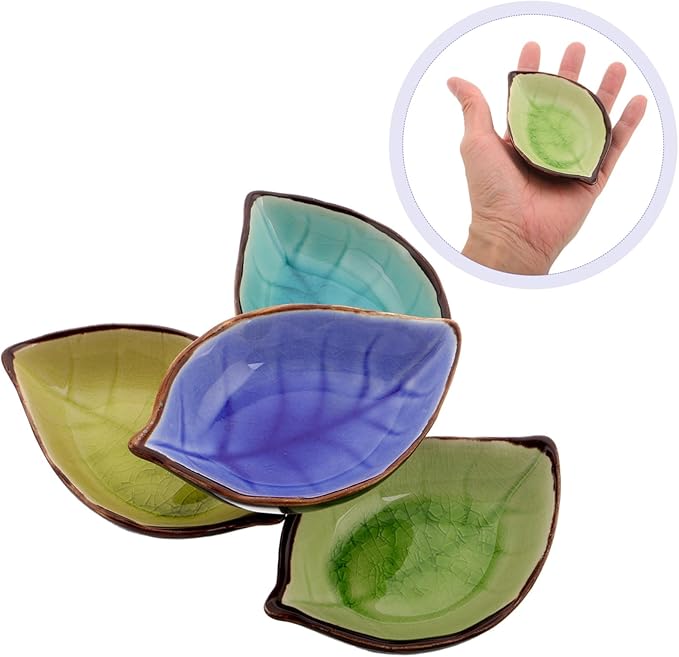 4pcs Leaf Shape Ceramic Appetizer Plates with Unique Crackle Glaze for Dipping Sauces Sushi Desserts and Snacks Multi-color for Home and Party Use