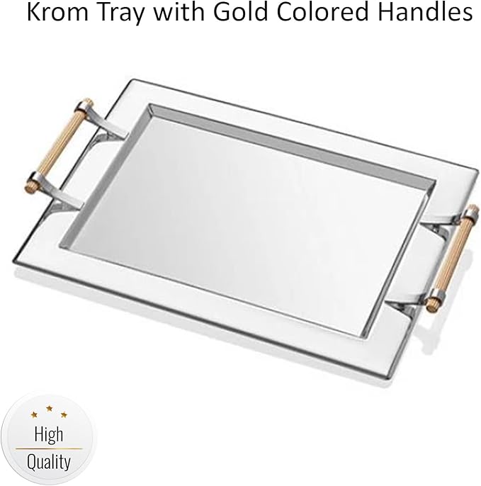 Krom Tray with Gold Colored Handles | Stylish Serving Tray | Elegant Rectangular Serving Tray | Functional Anti-Tarnish Serving Platter with Gold Handles | Decorative Tableware, Silver, 17.7 x 13.8 in