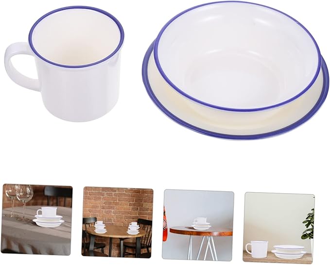 Kichvoe Retro Enamelware Dinnerware White Blue Rim Plate Bowl Cup Kit Kitchen Tableware for Home Camping Picnic Parties Serving Soup Salad Rice Noodles