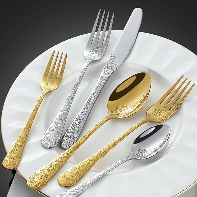 40-piece flowers Gold TWEE Silverware Set for 8, Palace Style Stainless Steel Flatware Cutlery Serving Utensils, Eating Tableware for Home Kitchen Hotel Restaurant, Mirror Polished