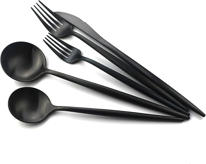 Gugrida 6 Pieces Matte Black Handle 18/10 Stainless Steel Silverware Set, Flatware Set Black Cutlery Set, Utensils Set for Home Restaurant, Dishwasher Safe (Full Black)