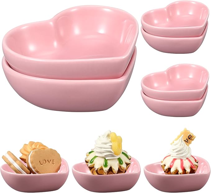 6 Pieces Heart Shaped Bowls Ceramic Dip Bowl Plates Multipurpose Salad Bowls Appetizer Plates Cooking Gifts for Candy Sauce Sushi Dipping Serving Wedding Anniversary Valentine's Day (Pink)