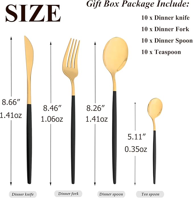 40 Pcs Silverware Set With Teaspoon For 10, Food Grade Stainless Steel Utensils Tableware Set, Elegant & Simple Flatware Serving Set Include Knife Fork Spoon, Mirror (Black Gold)
