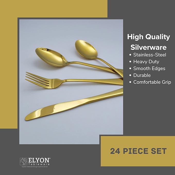 Elyon Tableware® Euro 24 piece Gold Flatware, Stainless Steel Silverware Set, Reflective Mirror Finish Cutlery Set, Reusable Dishwasher Safe, Service For 6
