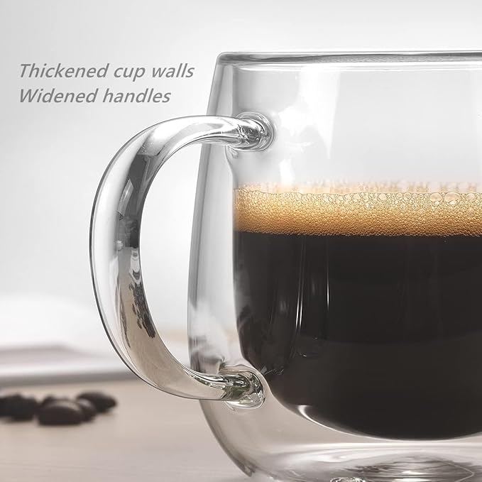 BEoneBEwin 10oz Double Walled Glass Coffee Mugs Set of 2, Clear Insulated Mug for Cappuccino, Latte, Borosilicate Glass Cup, Heat & Cold Resistant Glasses