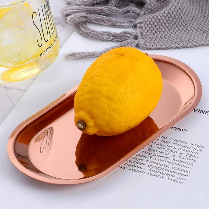Buyer star Rose Gold 2PCS 7.3inch Stainless Steel Oval Tray Fruit Trays Storage Tray Dish Plate Cosmetics Jewelry Decorative Organizer