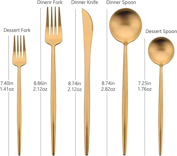 Flatware Set 18/10 Stainless Steel Matte Gold - Kitchen Utensil Serving Set of Dinner Fork Knife Spoons Salad Fork Dessert Spoon,5 Piece Set of 1, for Home Kitchen Restaurant Hotel