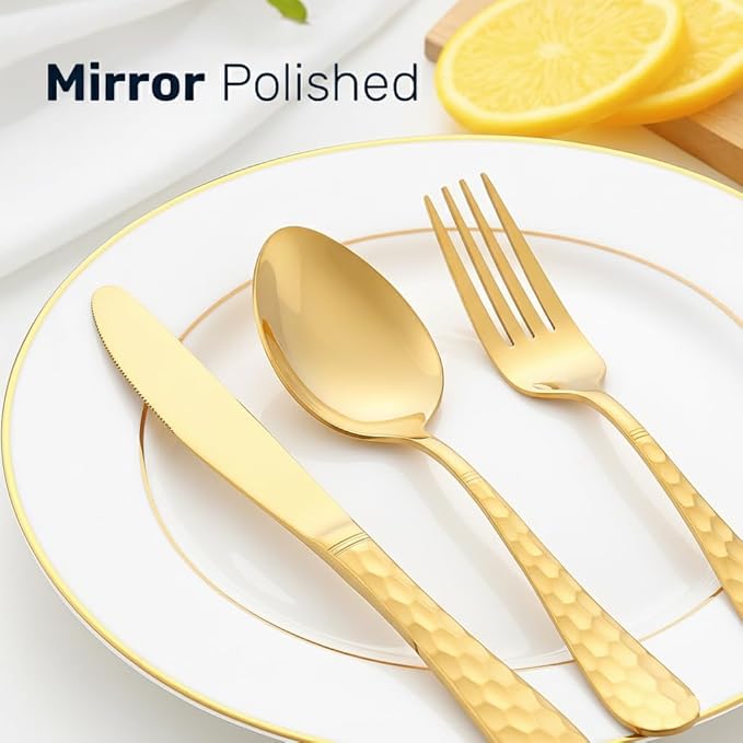 24-Piece Golden Silverware Set, Stainless Steel Cutlery Set with Knife Forks & Spoons, Flatware Set for Home and Kitchen Dining Table Set, Durable Utensils for New Home Essentials