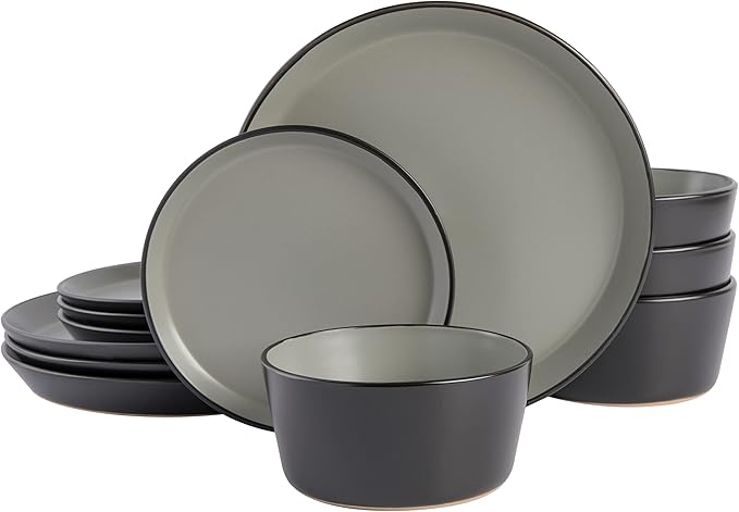 Gibson Soho Lounge Sofia Coupe 12-Piece Stoneware Dinnerware Set, Service for 4 – Grey Plates and Bowls
