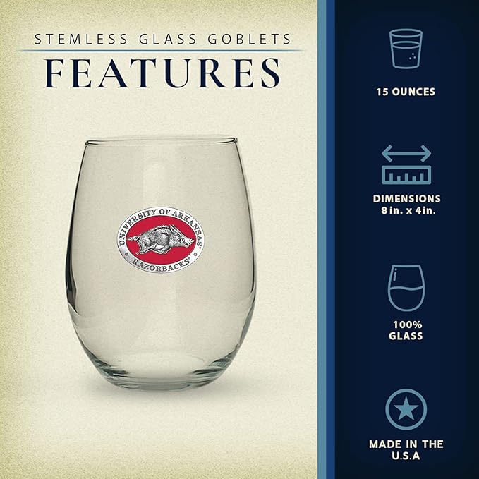 Heritage Pewter Arkansas Razorbacks Stemless Glass Goblets – Set of 2 | 15 OZ Goblet Wine Glasses | Expertly Crafted Pewter Glass