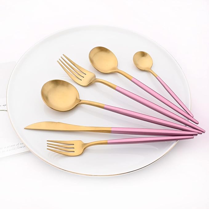 24-piece Snplowum Matte Gold Tableware, 18/10 Stainless Steel Utensils Heavy Serving Set With Pink Handle For Dinner & Dessert Home Restaurant Flatware Set, Service For 4 (Pink Gold)