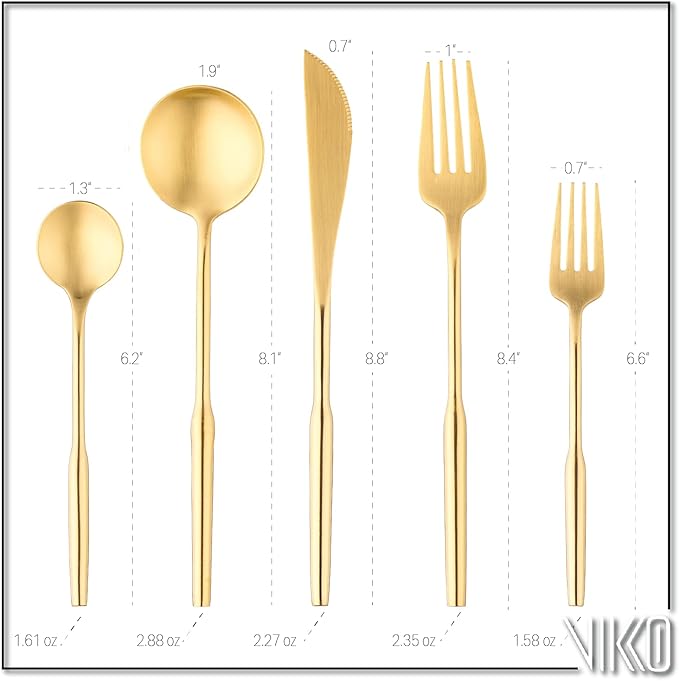 Vikko Modern Gold Silverware Set: Unique Brushed Gold Flatware Set - Satin Matte - 18/10 stainless steel flatware For Upscale Dining and Entertaining- 20 Piece Cutlery Set - Service for Four (4)