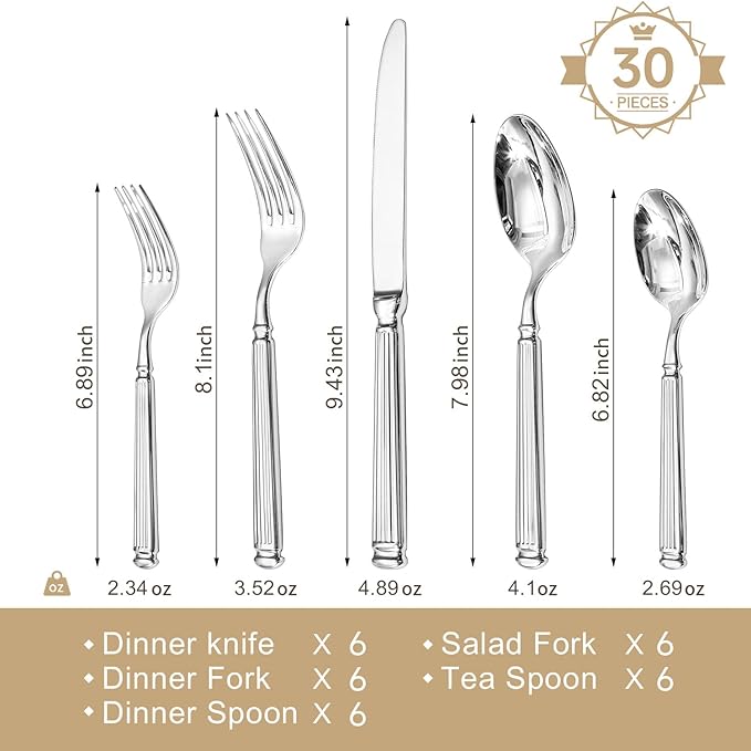 KINGSTONE Silverware Set, 30-Piece 18/10 Stainless Steel Flatware Set - Roman Column Embossed Thick Handle, for Wedding, Home, Restaurant, Kitchen and Party, Mirror Polish & Dishwasher Safe