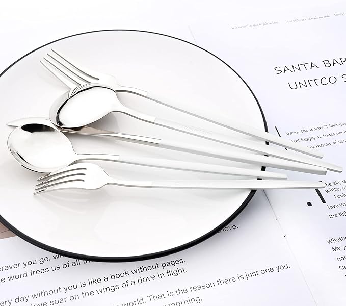 30-Piece Snplowum Mirror Flatware Serving Set, 18/0 Stainless Steel Dinnerware With White Handle, Modern Durable Home Kitchen Eating Tableware Set Service For 6 (White Silver)