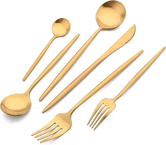 24Pcs Luxury Matte Black Flatware Set, 18/10 Stainless Steel Simple & Heavy Tableware Cutlery Set For Home Kitchen Wedding Restaurant Dinner, Service For 4 (Gold)