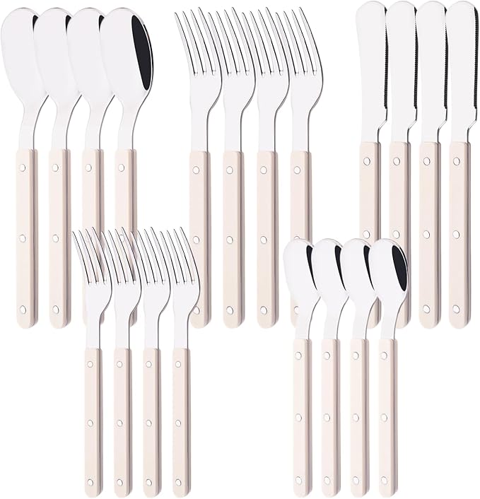 20 PCS Stainless Steel Flatware Set for 4, Silverware Set with Colored Handles, Retro Style Forks Spoons and Knives Set, Vintage Eating Utensils, Beige Acrylic Handle with Rivets Design