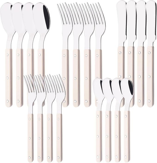 20 PCS Stainless Steel Flatware Set for 4, Silverware Set with Colored Handles, Retro Style Forks Spoons and Knives Set, Vintage Eating Utensils, Beige Acrylic Handle with Rivets Design