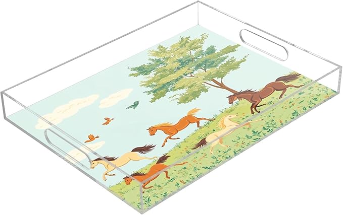 Serving Tray with Handles Clear Acrylic Tray 12x16 Inch Decorative Rectangular Tray Organizer for Ottoman Coffee Table Bathroom Horses Bird and Grassland Tree