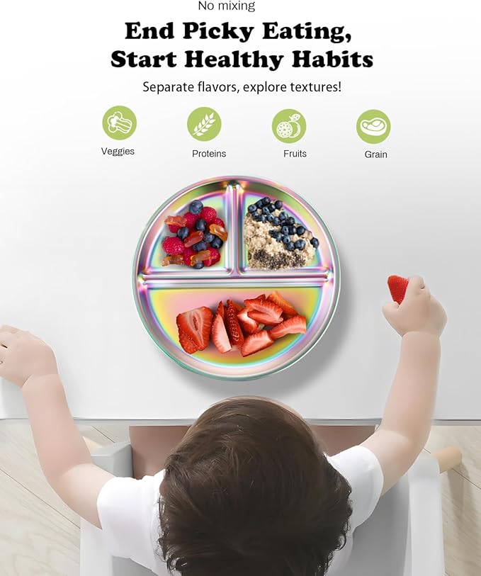 Stainless Steel Kids Plates 4 Packs, 8" Divided Toddlers Portion Control Plate, Non Toxic & BPA Free |Unbreakable |Dishwasher Safe Baby Snack Dish for Daycare, Colorful Meal Time Chums