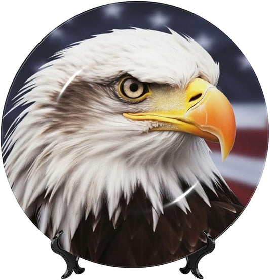 Bald eagle Ceramic Decorative Plates 8in Personalized Bone China Decorative Plate with Display Stand Ceramic Dinner Plate Ornaments Wall Hanging Decoration for Home Decor