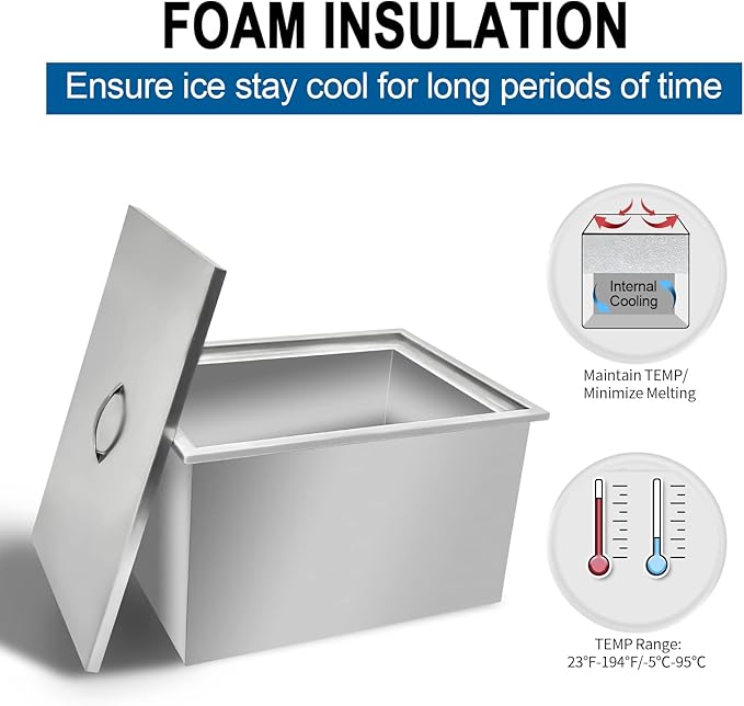 Drop in Ice Chest with Cover Stainless Steel Ice Cooler Included Drain-Pipe and Drain Plug Drop in Ice Bin Outdoor Kitchen for Cold Wine Beverage