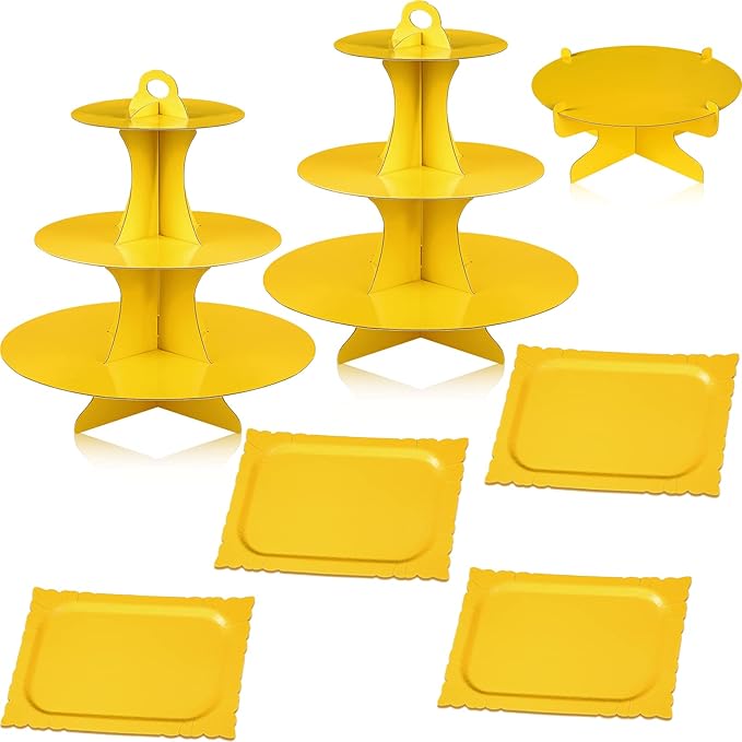 Zopeal 7 Pcs Dessert Table Display Set 3-Tier Cupcake Stand 1-Tier Cup Cake Display Tower Platters and Serving Trays Cardboard Cake Cookie Holders for Wedding Birthday Party Baby Shower(Yellow)