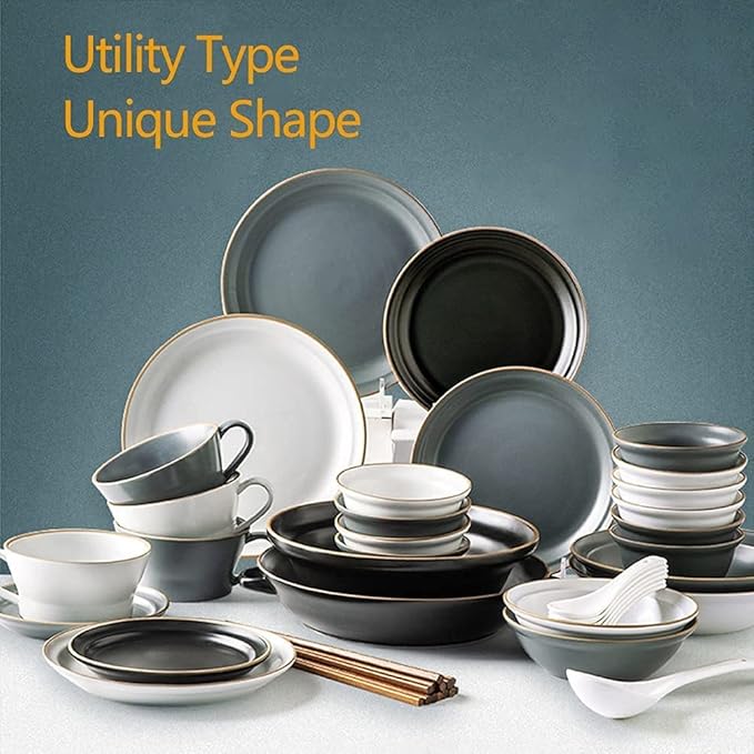 Chinese Bone China Tableware Set, 46 Pieces for 10 People, Ceramic Plates and Dishes, Microwave Oven-Compatible Tableware, Hand-Painted Matte Glazed Bone China