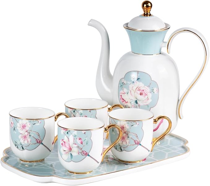 KAMMAK Tea Pot and Cups Set for Adults, Bone China Tea Cup with Teapot, Porcelain Coffee Cups and Pot, Teapot with Tray and Gift Box for Latte, Afternoon Tea Party