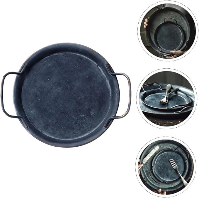 Happyyami Vintage Iron Storage Tray Serving Plate Decorative Decor Silver Decorative Tray Breakfast