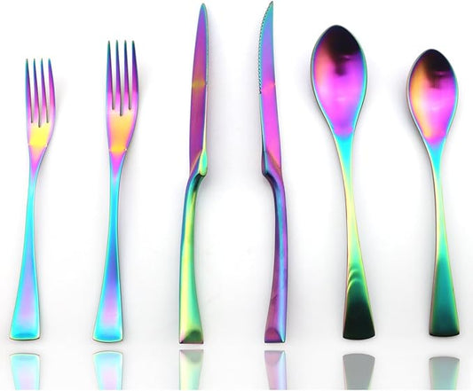 JASHII 24-Piece Iridescent Luxury Flatware Set Silverware | 18/10 Stainless Steel Dinnerware Set | Utensils Service For 4 | Matte Rainbow Tableware, Dinner Knife STEAK Knife Fork DINNER Dessert Spoon
