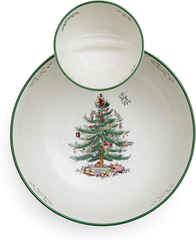 Spode Christmas Tree Tiered Chip and Dip Serving Set - 2-Piece Festive Snack Platter - Iconic Christmas Tree Motif - Porcelain, Dishwasher, Microwave, Freezer Safe - Holiday Serveware
