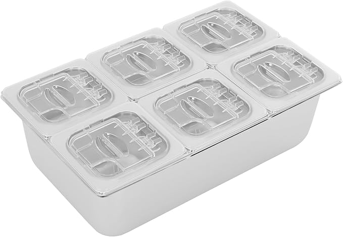 6 Pans Ice Food Serving Display Container, Stainless Steel Serving Tray Catering Supplies Buffet Display Condiment Dispenser Plate Case with Acrylic Replaceable Lids for Restaurant Hotel Kitchen