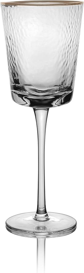 Bec's Designs Gold Rimmed Wine Glasses – Set of 4, 10oz Handblown Hammered Glass, Unique Triangular Shape – Elegant Stemware for Red, White & Champagne