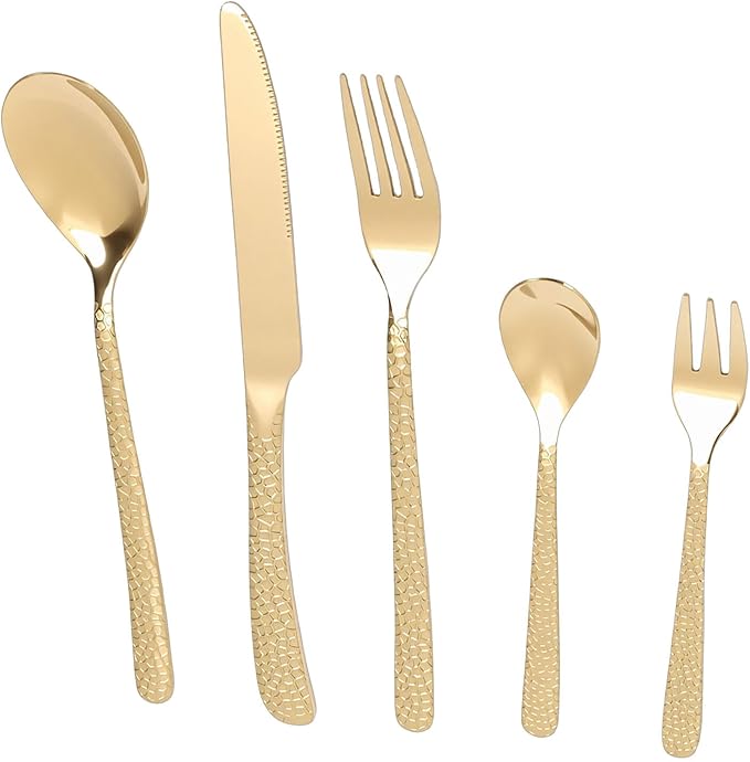 Pssopp Hammered Silverware Set, Serving Sets Flatware Set Service for 4 Person Home Party Wedding Eating Hammered Silverware, Stainless Steel Tableware Mirror Polished Cutlery (Gold)