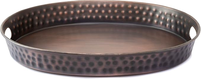 Monarch Abode Serving Tray with Handles – 17-Inch Hand Hammered Metal Platter for Living Room, Antique Copper Finish Large Ottoman Tray Accent for Coffee Table, Tea & Food Serving Dish for Party