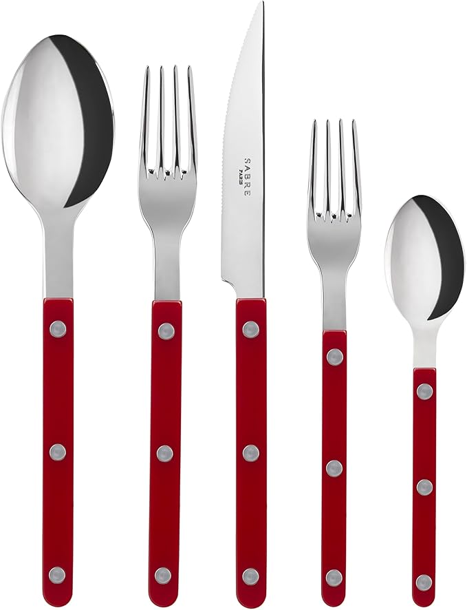 SABRE PARIS - 5-Piece Flatware Set - Bistrot Collection - Knife, Fork, Soup Spoon, Teaspoon & Dessert Fork - Stainless Steel & Nylon - Dishwasher Safe - Burgundy - Brilliant Finish
