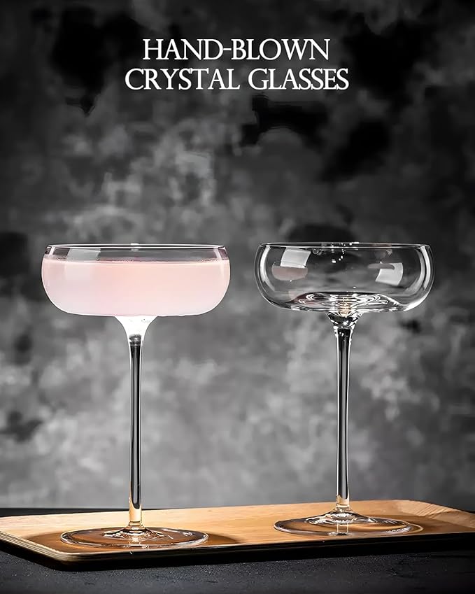 Handmade Coupe Glasses Set of 4 – 8.5oz Crystal Cocktail Glasses with Unique Convex Base, Elegant Coupe Glassware for Margarita, Martini, Champagne, Manhattan & Cocktails
