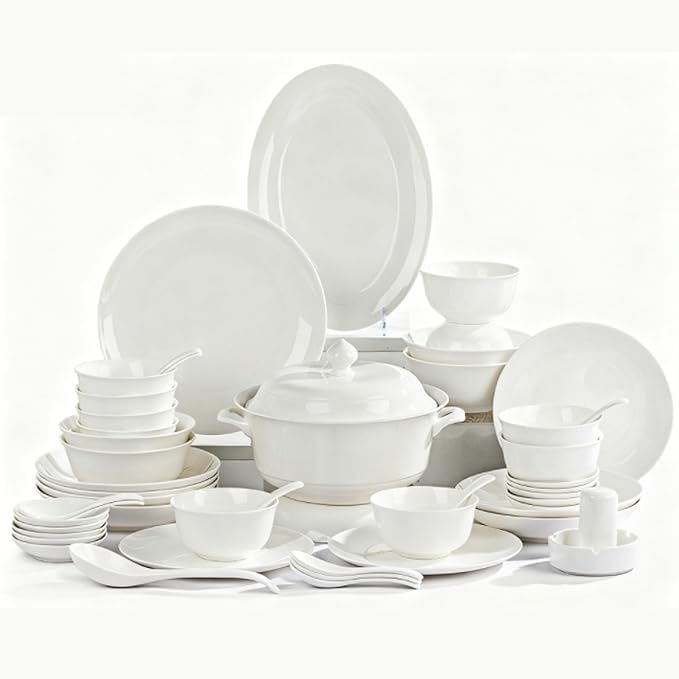 White Ceramic Dinnerware Set: Plates & Bowls for Kitchen, Microwave & Dishwasher Safe Dishes Collection (60pcs)
