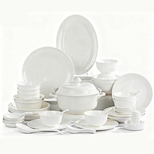 White Ceramic Dinnerware Set: Plates & Bowls for Kitchen, Microwave & Dishwasher Safe Dishes Collection (60pcs)
