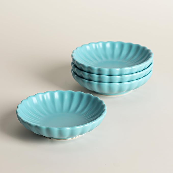 Gaolinci 3.5 Inches Flower Shape Ceramic Sauce Dish,Mini Side Seasoning Dish,Snack Serving Dishes,Porcelain Small Saucer Set(Set of 4)
