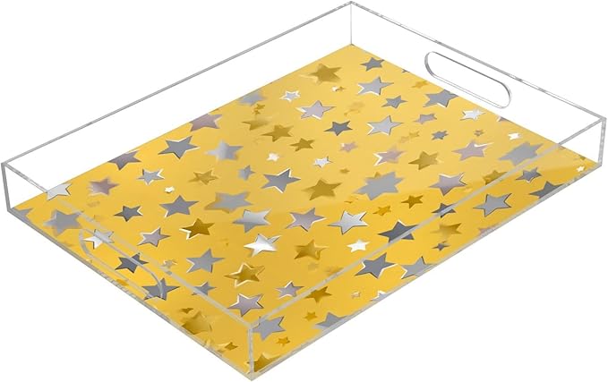 Serving Tray with Handles Clear Acrylic Tray 12x16 Inch Decorative Rectangular Tray Organizer for Ottoman Coffee Table Bathroom Silver and Golden Stars