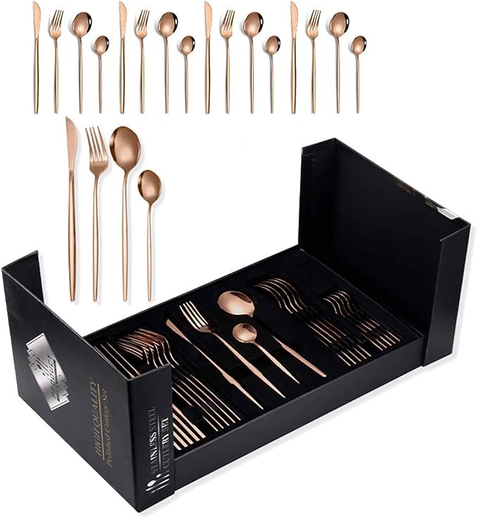 Serving Set Stainless Steel Tableware for 24 PCS, Mirror Polished, Slim Handle Serving Set for 6 for Formal Events, Parties, Food Barbeque, Dishwasher Safe(Rose Gold,C)