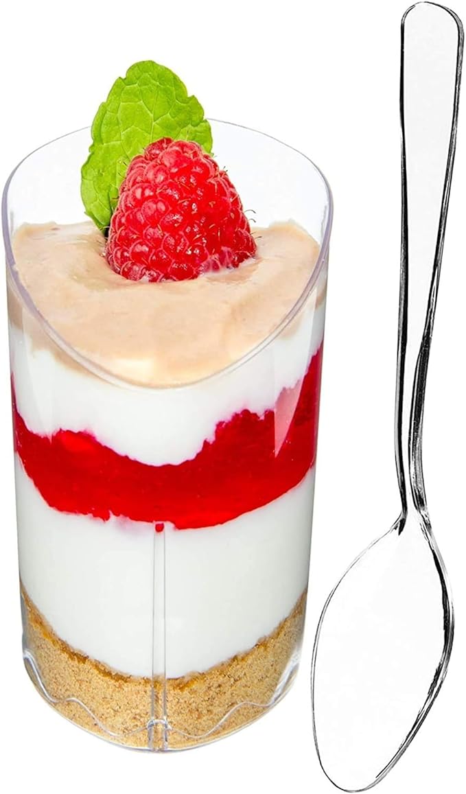 DLux 28 x 3 oz Mini Dessert Cups with Spoons, Slanted Triangle - Clear Plastic Parfait Appetizer Cup - Small Reusable Serving Bowl for Tasting Party Desserts Appetizers - With Recipe Ebook