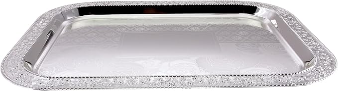 (Pack of 2) 19.1 inch x 14.4 inch Oblong Chrome Plated Serving Tray Stylish Design Floral Engraved Edge Decorative Party Wedding Dessert Buffet Wine Platter Plate Birthday Gift NC-063