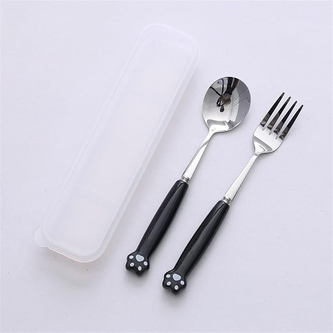 Cute Silverware Set, Cat Paw Ceramic Handle Dinnerware Set Flatware Kitchen Accessories Camping Travel Sets Fork Spoon Chopstick Portable Cutlery Sets with Case, Black Pink Blue Yellow Green
