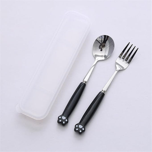 Cute Silverware Set, Cat Paw Ceramic Handle Dinnerware Set Flatware Kitchen Accessories Camping Travel Sets Fork Spoon Chopstick Portable Cutlery Sets with Case, Black Pink Blue Yellow Green