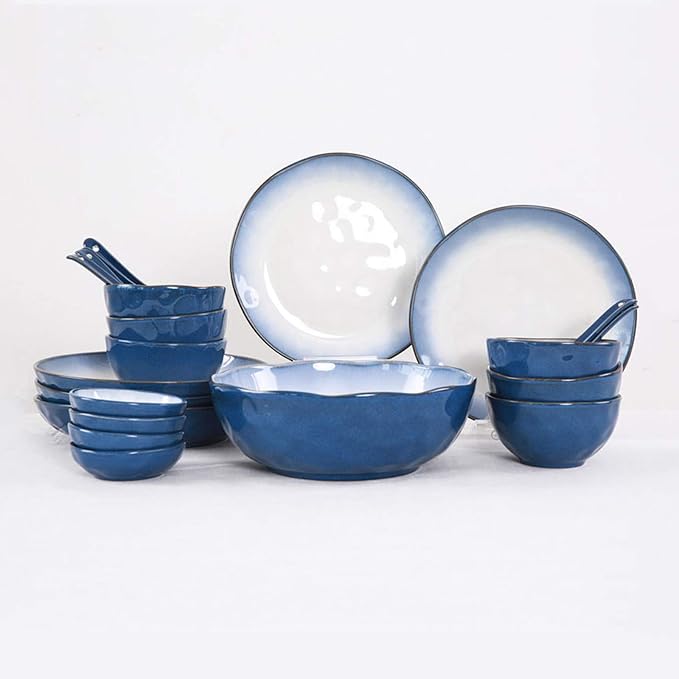 Ceramic Tableware Set, 46 Pieces Of 10-person Dinner Plates, Dishwasher And Microwave Safe, Family Gathering Tableware, Durable White Round Plates And Bowls (Blue)