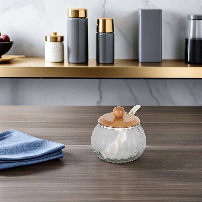 LIFKOME Clear Glass Sugar Bowl With Wooden Lid and Spoon Pumpkin Shaped Clear Glass Candy Jar Glass Sugar Storage Dispenser Container Seasoning Box Salt Bowl for Home Kitchen