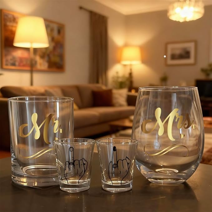 Mr Mrs Wine Glasses Set Wedding Gifts for Couples Newlyweds - Engagement Gift for Bride Groom, Bridal Shower Gifts for Bachelorette Future Mrs. - Wedding Registry Ideas, Honeymoon Essentials